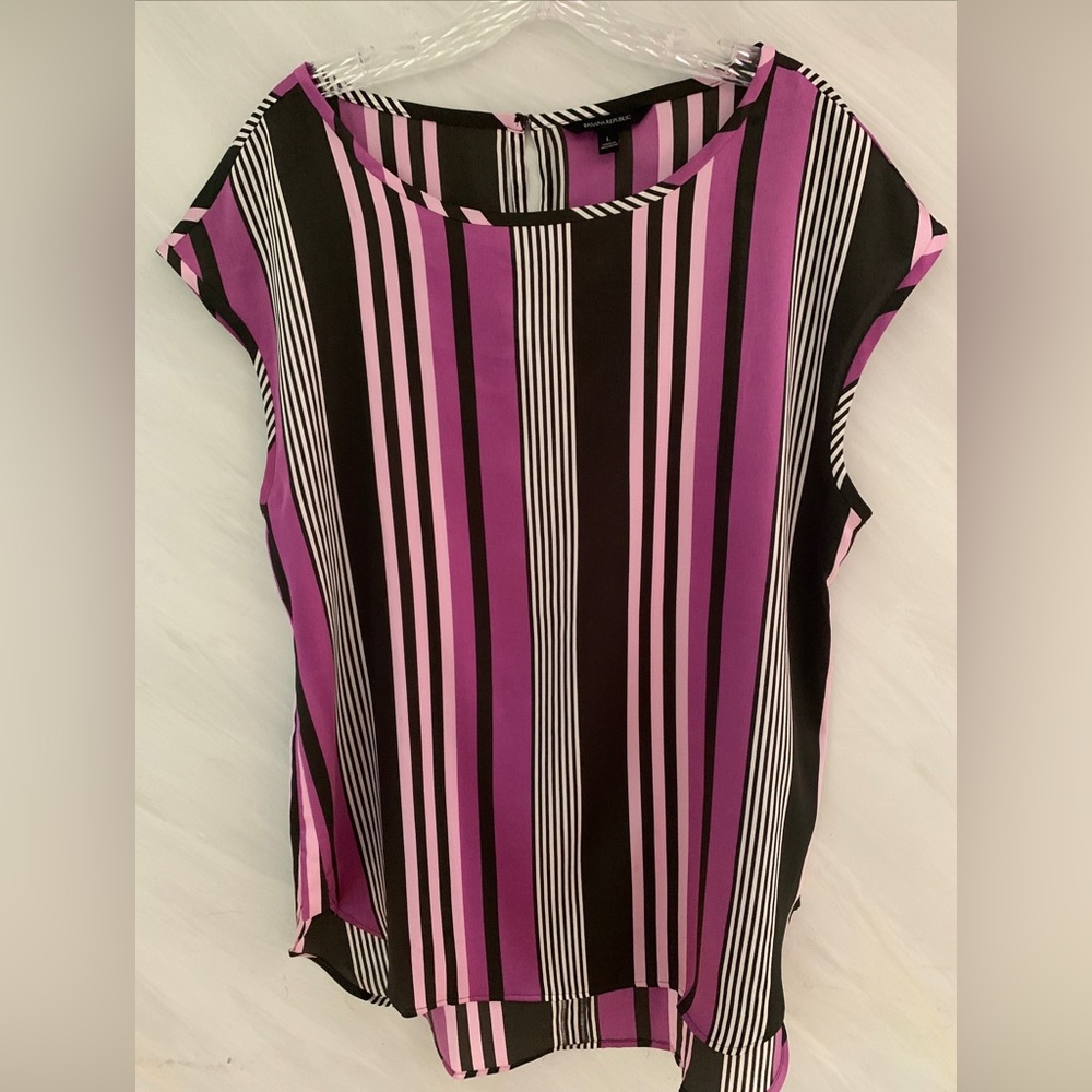BANANA REPUBLIC  L Pink Gray White Vertical Striped Cap Sleeve Hi-Low Hem Blouse